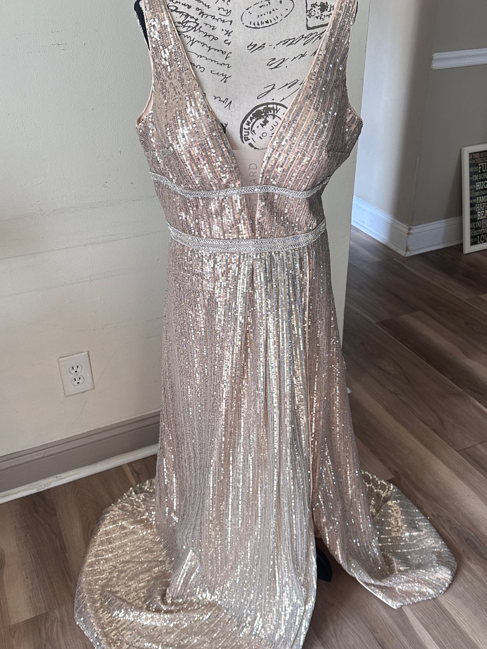 Mac Duggal Rose Gold Sequin V-Neck Evening Gown